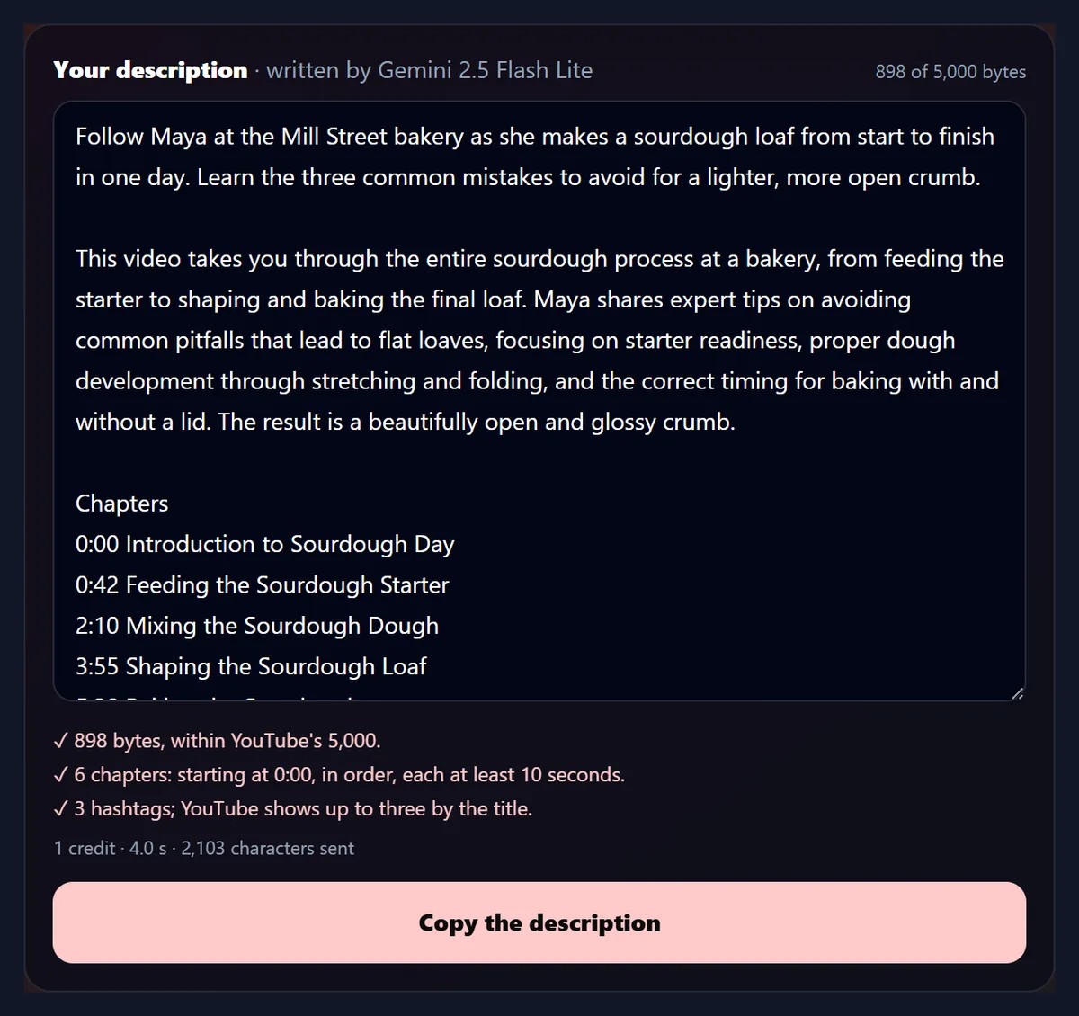The description written from the sample transcript, 898 of 5,000 bytes, with chapters from 0:00 Introduction to Sourdough Day, and the checks 898 bytes within YouTube's 5,000, 6 chapters starting at 0:00, and 3 hashtags, with 1 credit, 4.0 s and 2,103 characters sent