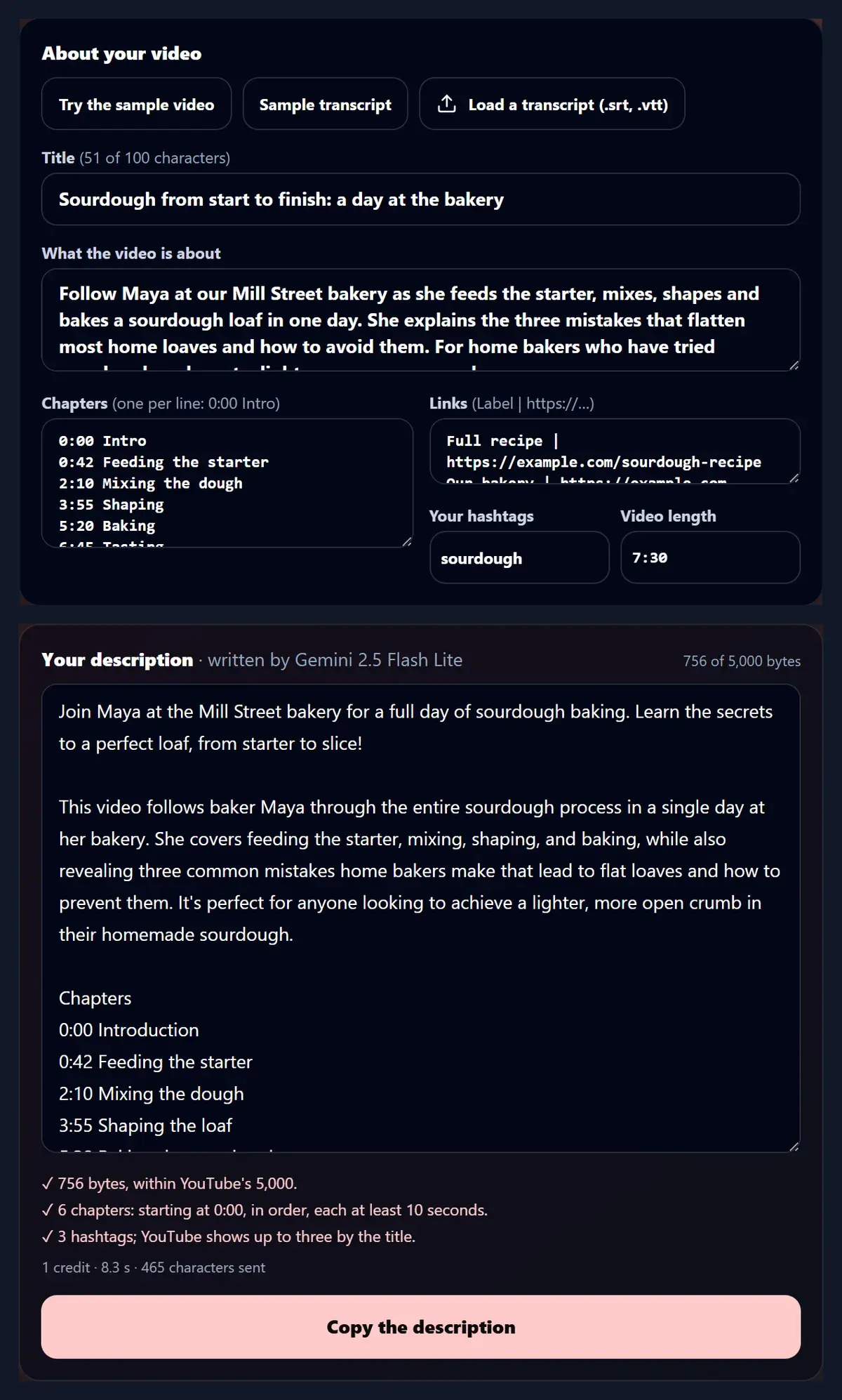The YouTube Description Generator with the sample video Sourdough from start to finish: a day at the bakery, six chapters from 0:00 Intro to 6:45 Tasting, two links, the hashtag sourdough and a length of 7:30, and below it the description written by Gemini 2.5 Flash Lite, 756 of 5,000 bytes, with the checks 756 bytes within YouTube's 5,000, 6 chapters starting at 0:00 in order each at least 10 seconds, and 3 hashtags