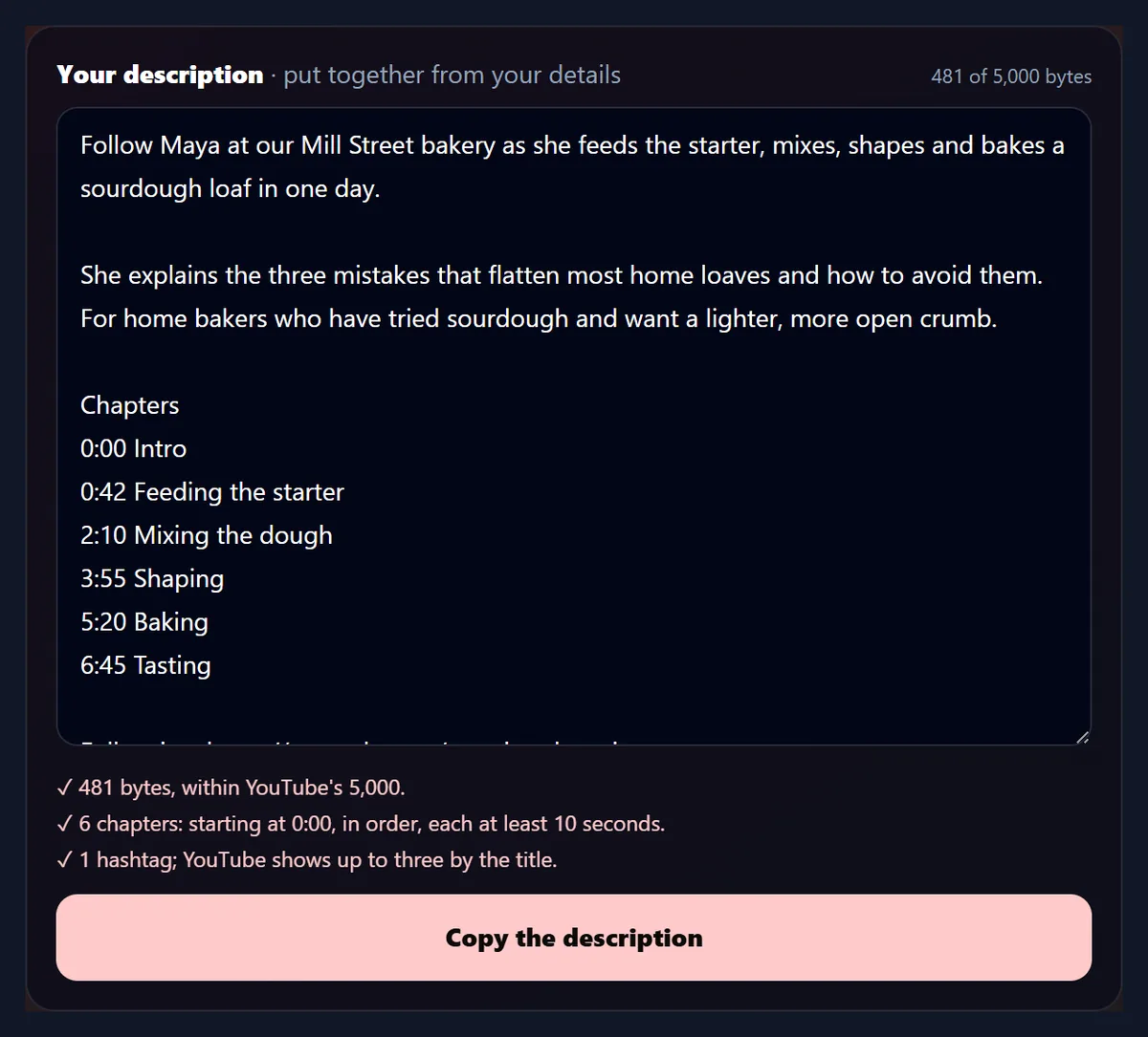 The description put together from the sample details without AI, 481 of 5,000 bytes: the summary in two paragraphs, the six chapters, the two links and #sourdough, with the checks all passed