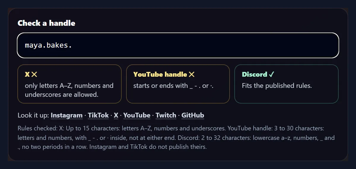 The handle checker with maya.bakes. typed in: crossed as a YouTube handle because it ends with a period, crossed on X because of the periods, and ticked for Discord, with profile links below