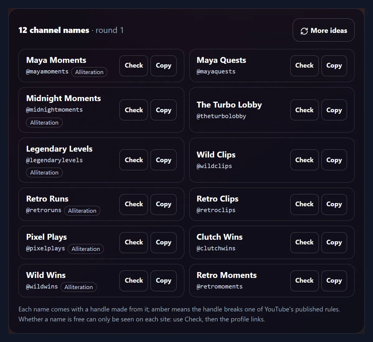 Twelve gaming channel names for Maya and retro, such as Maya Moments, Midnight Moments, Retro Runs and Pixel Plays, several marked Alliteration