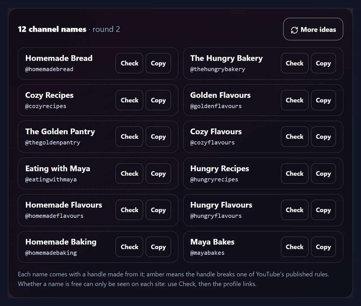 The second round of twelve cooking channel names for the sample words, such as Homemade Bread, The Hungry Bakery, Eating with Maya and Maya Bakes, none of them repeated from the first round