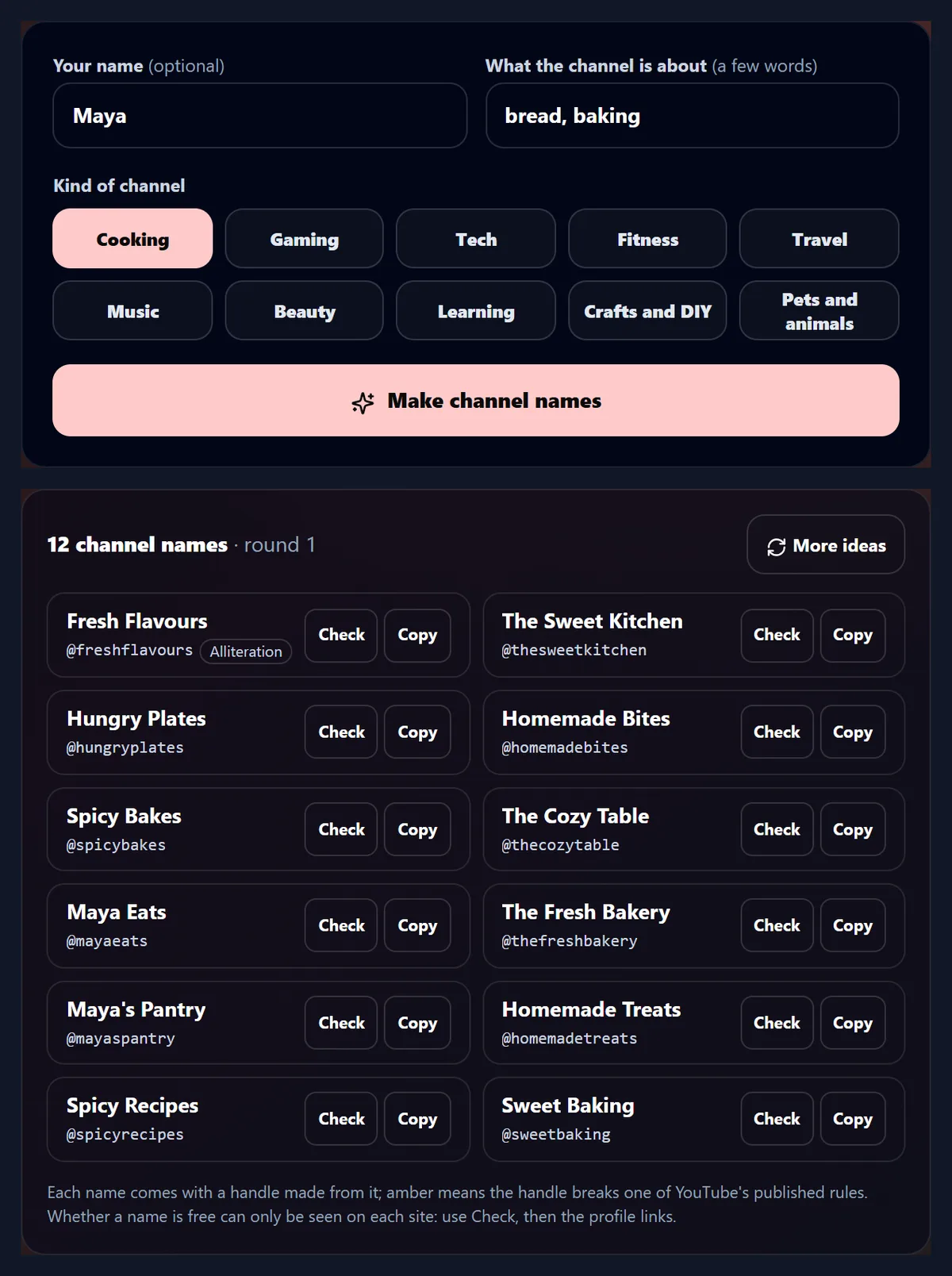 The YouTube Name Generator with Maya and bread, baking typed in and Cooking chosen, and twelve channel names below, such as Fresh Flavours, The Sweet Kitchen, Hungry Plates and Maya's Pantry, each with its handle